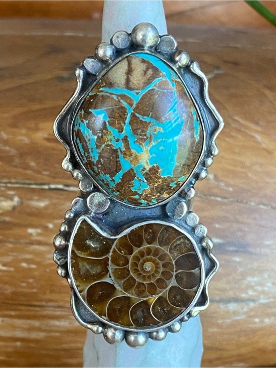 Sterling to Love Jewelry - Fossil Ammonite & Turquoise Sterling Statement Ring
